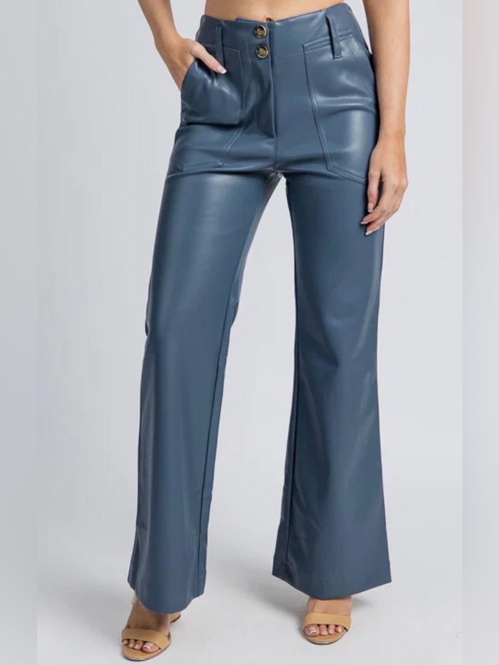 FATE Faux Leather Flare Pants Size Medium Stretchy Soft Pockets Blue